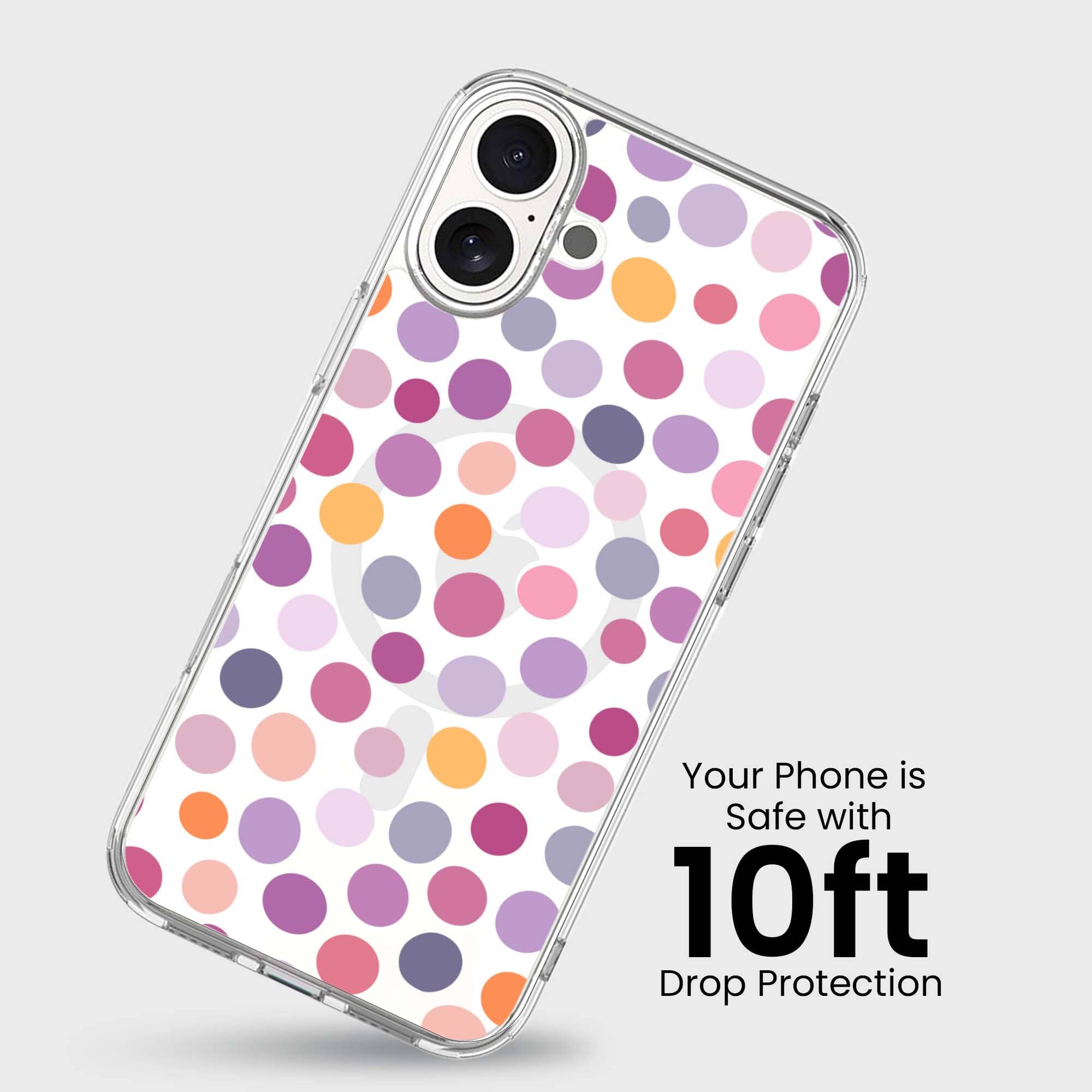MagSafe iPhone 16 Purple Polka Dots Clear Case