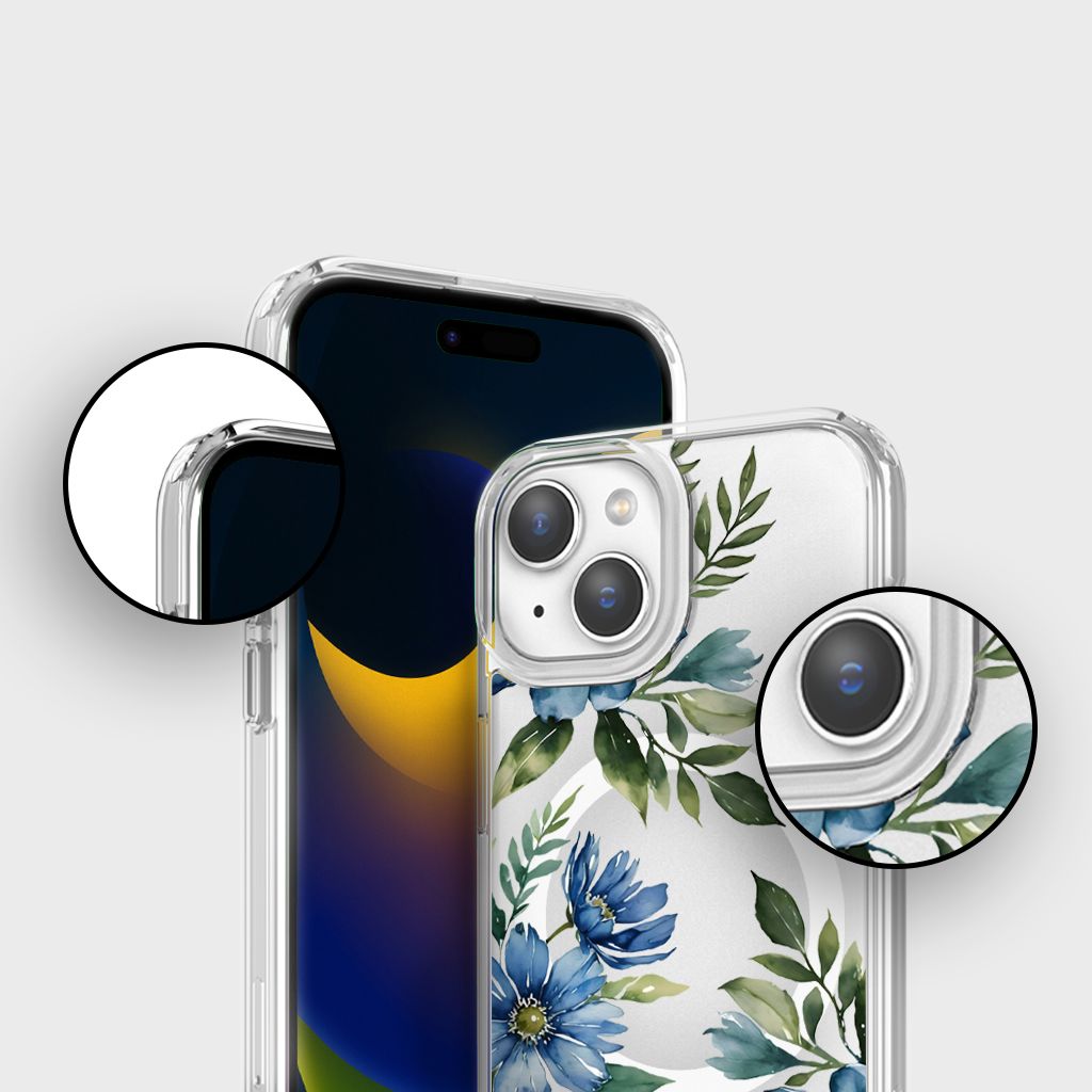 MagSafe iPhone 15 Blue Floral Clear Case