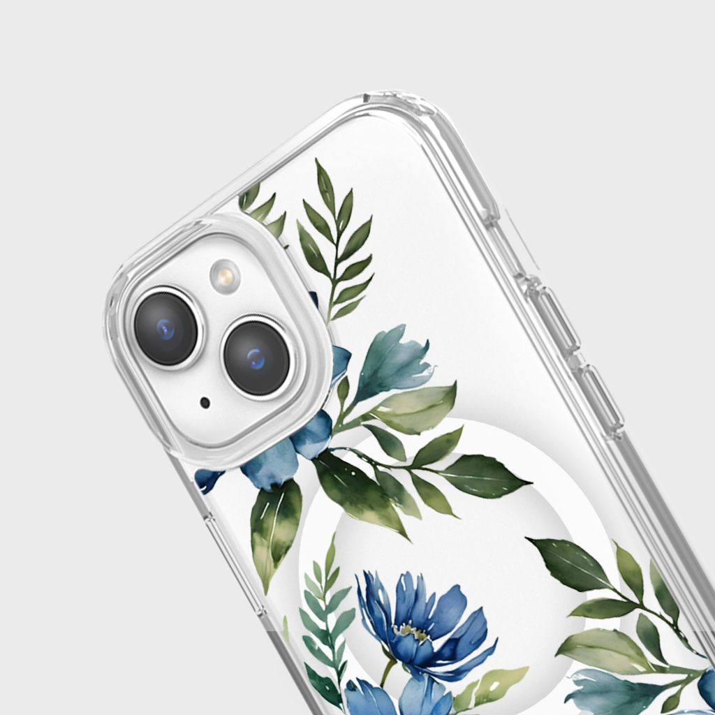 MagSafe iPhone 15 Blue Floral Clear Case