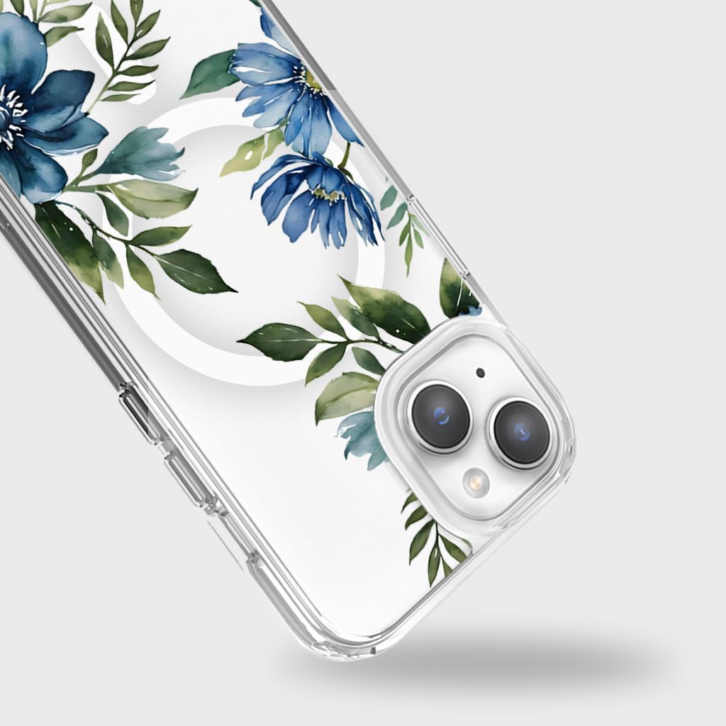 MagSafe iPhone 15 Blue Floral Clear Case