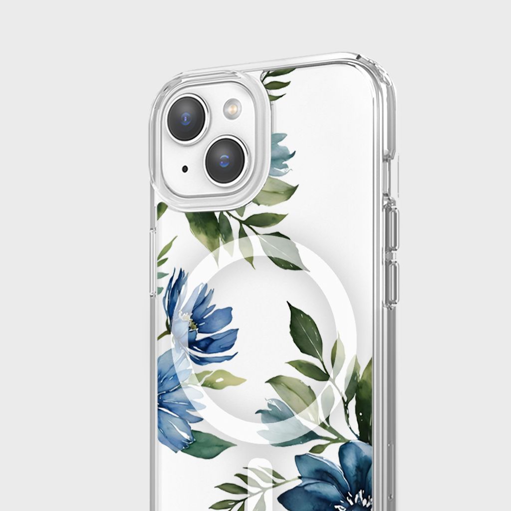 MagSafe iPhone 15 Blue Floral Clear Case