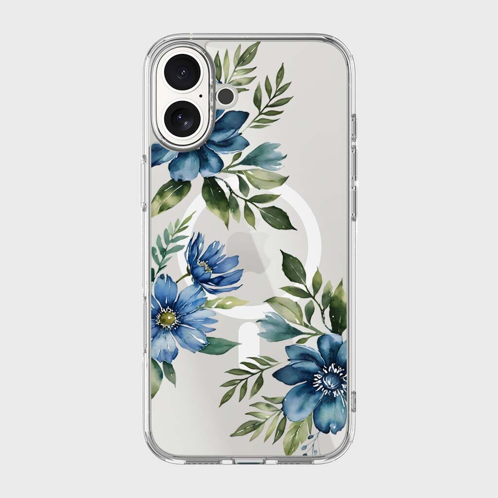 MagSafe iPhone 16 Blue Floral Clear Case