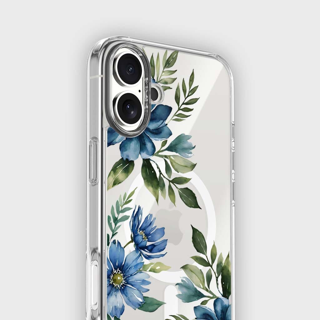 MagSafe iPhone 16 Blue Floral Clear Case