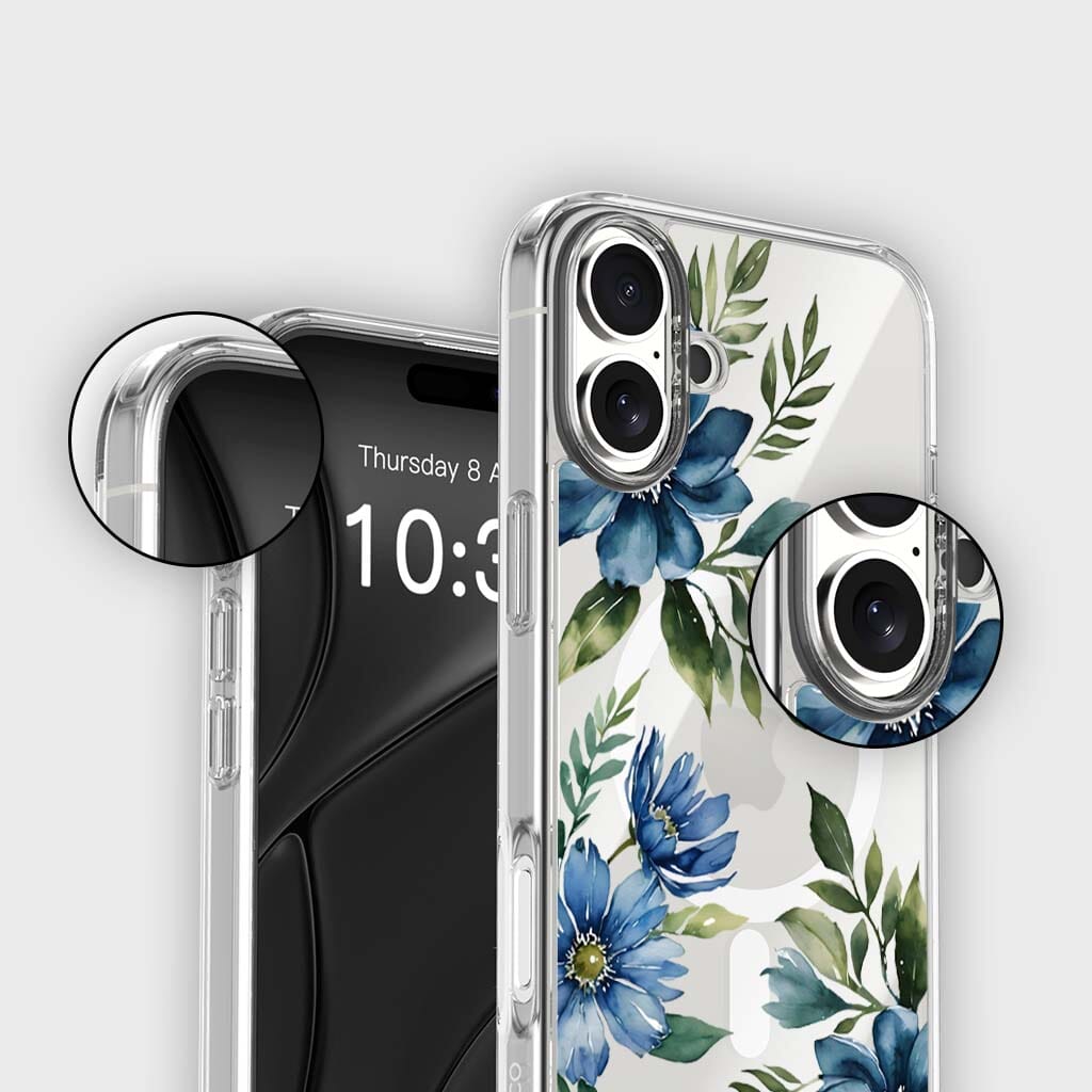 MagSafe iPhone 16 Blue Floral Clear Case