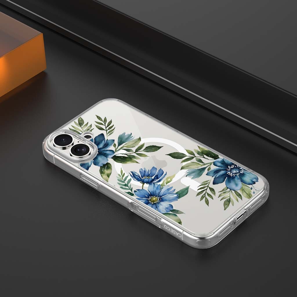 MagSafe iPhone 17 Blue Floral Clear Case