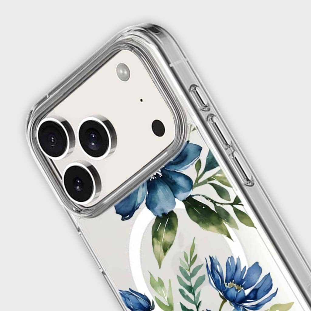 MagSafe iPhone 17 Pro Max Blue Floral Clear Case