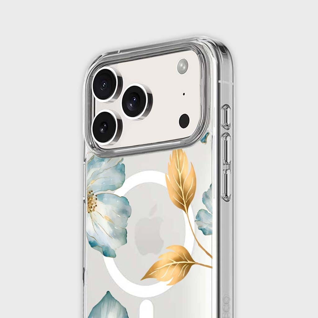MagSafe iPhone 17 Pro Max Blue Wildflower Clear Case