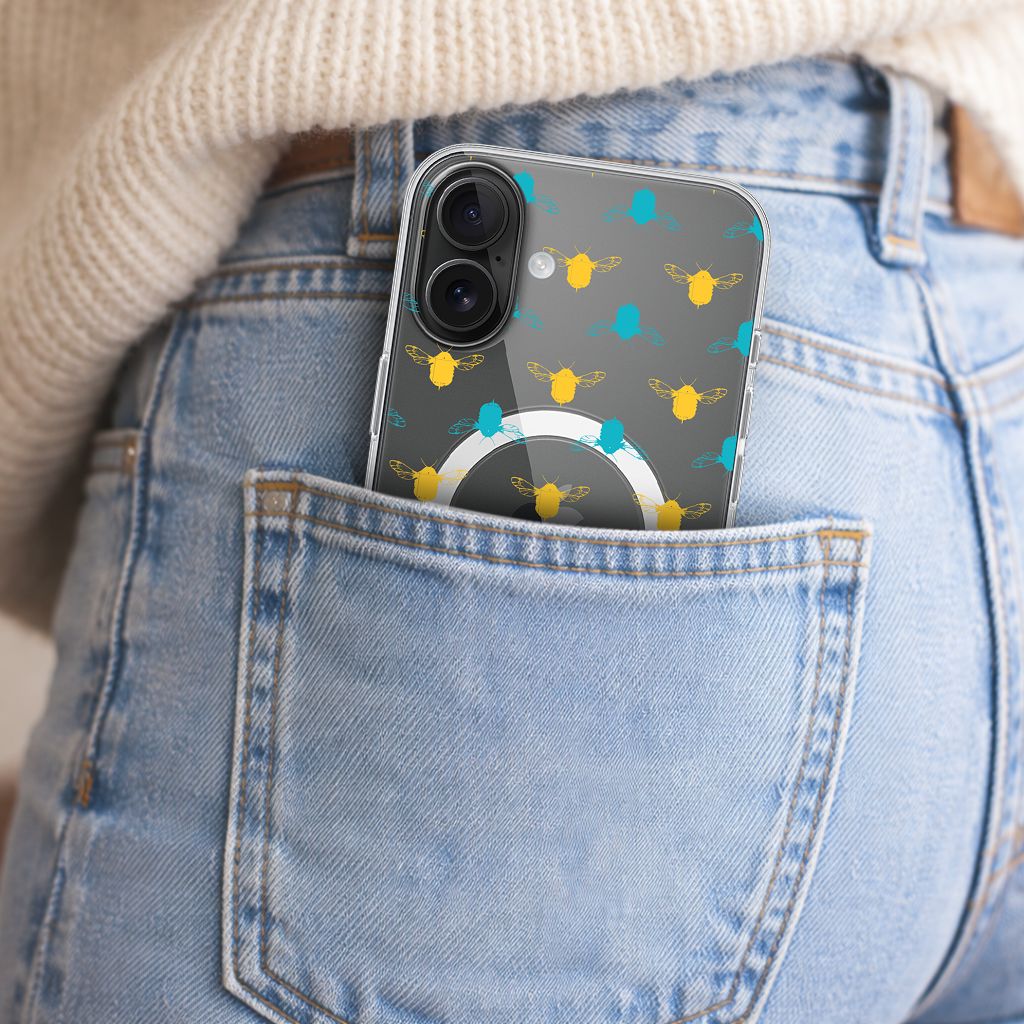 iPhone 16 Clear Case - Blue and Yellow Bumble Design