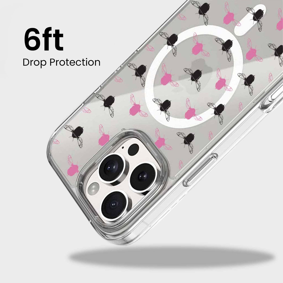 iPhone 15 Pro Clear Case - Black and Pink Bumble Design