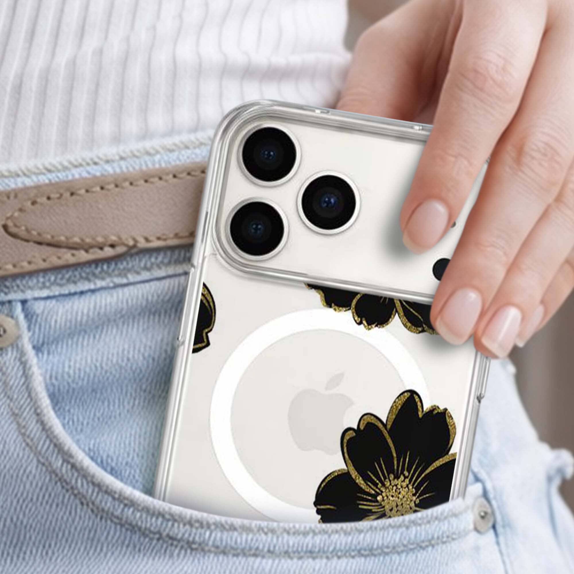MagSafe iPhone 17 Pro Max Black Flower Clear Case