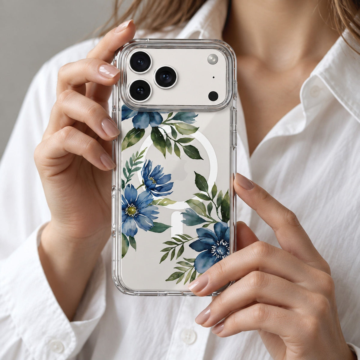 iPhone 18 Pro Blue Floral Clear Case with MagSafe