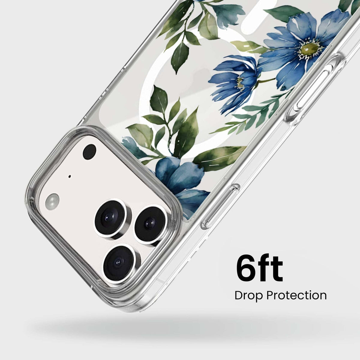 iPhone 18 Pro Blue Floral Clear Case with MagSafe