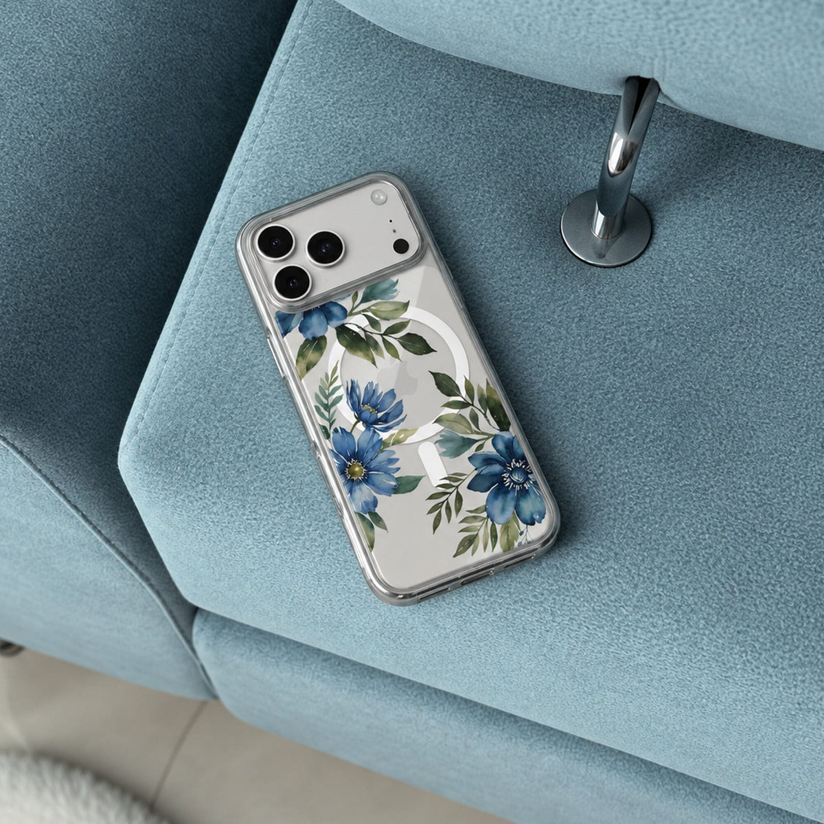iPhone 18 Pro Blue Floral Clear Case with MagSafe