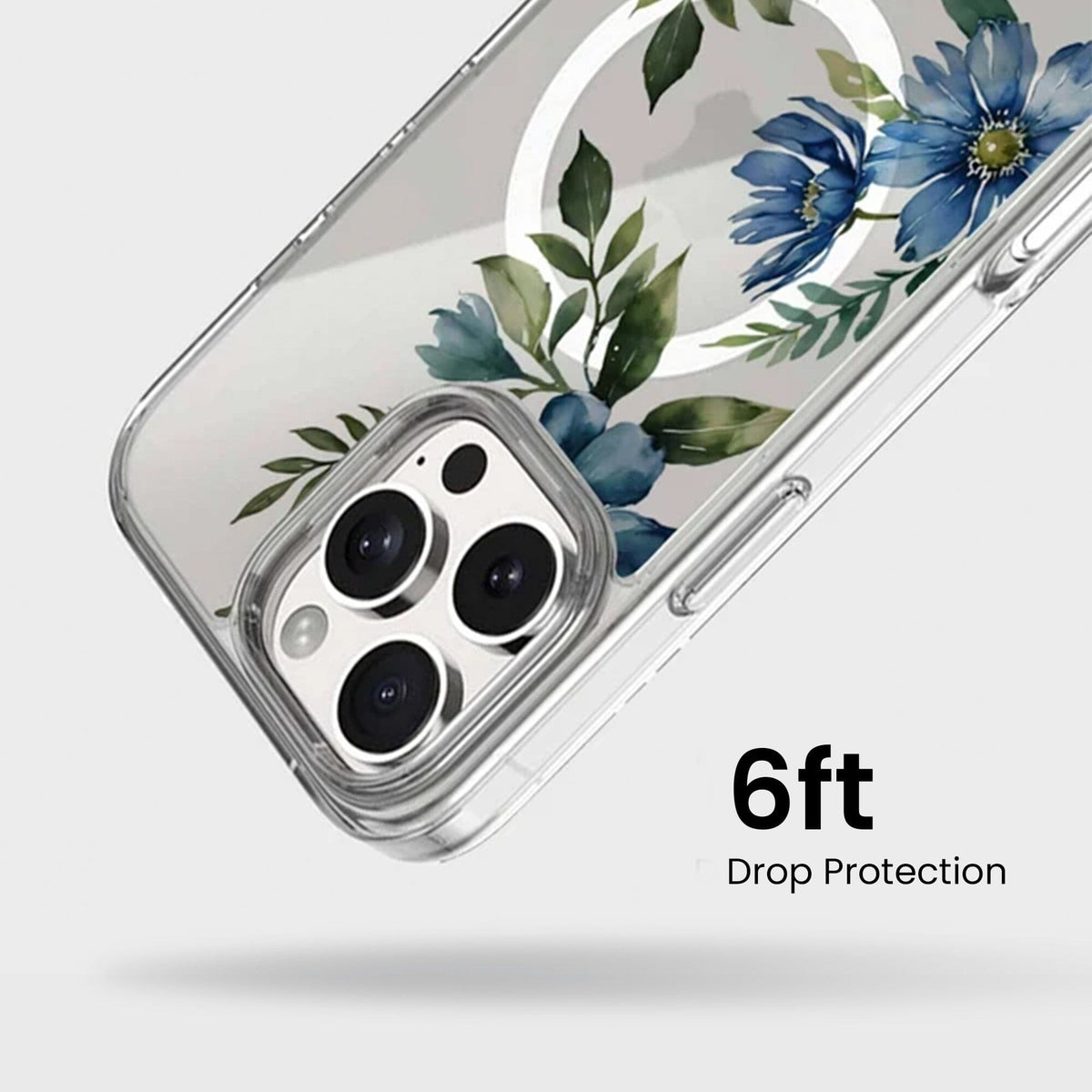 MagSafe iPhone 16 Pro Max Blue Floral Clear Case