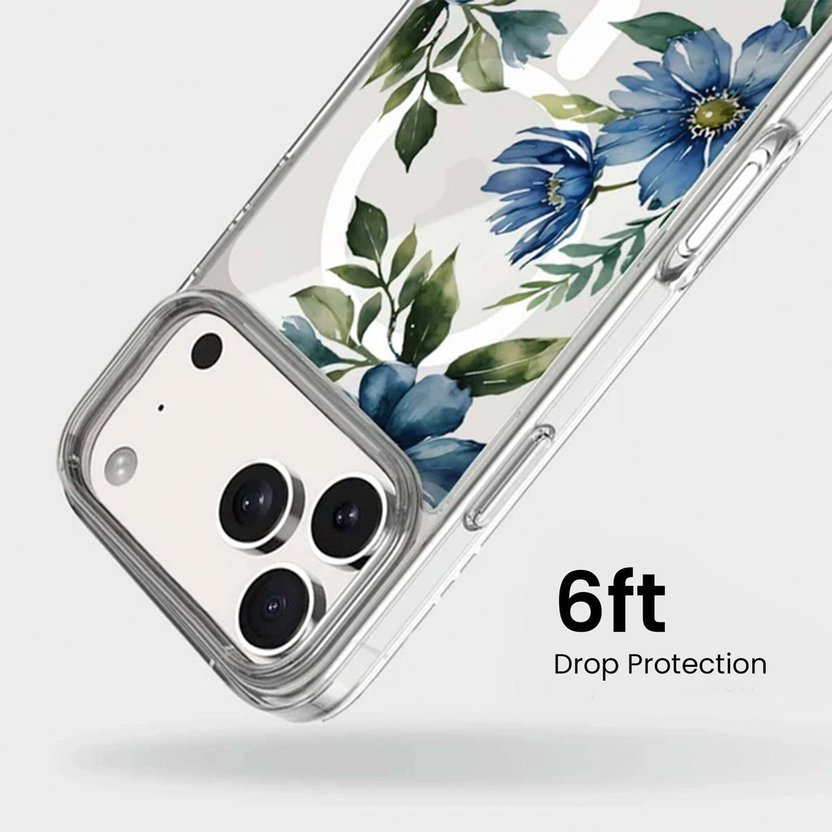 MagSafe iPhone 17 Pro Max Blue Floral Clear Case