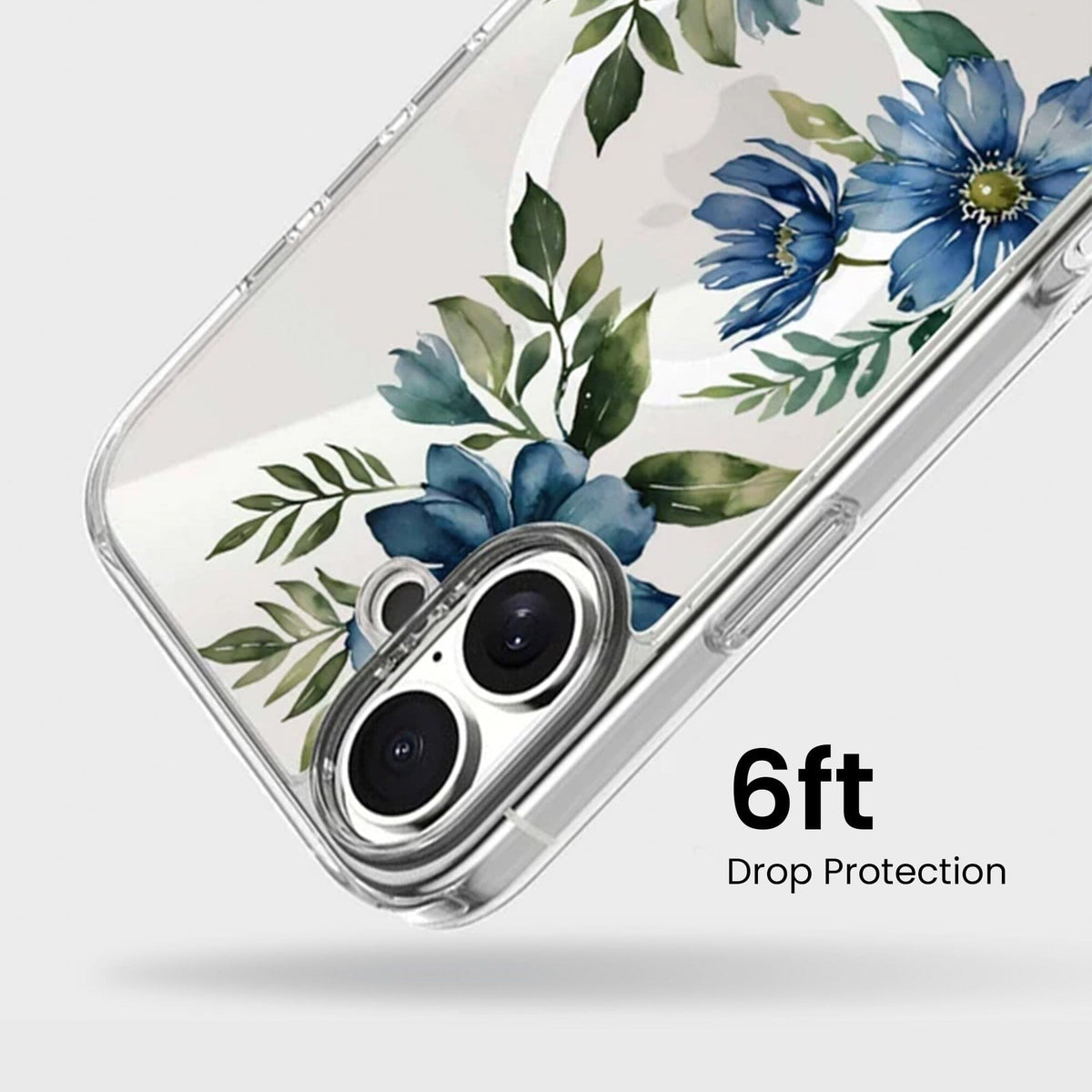 MagSafe iPhone 16 Blue Floral Clear Case