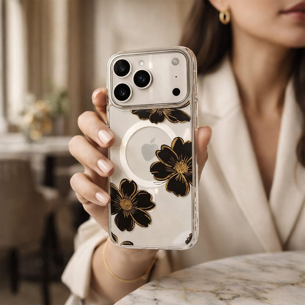 MagSafe iPhone 17 Pro Max Black Flower Clear Case