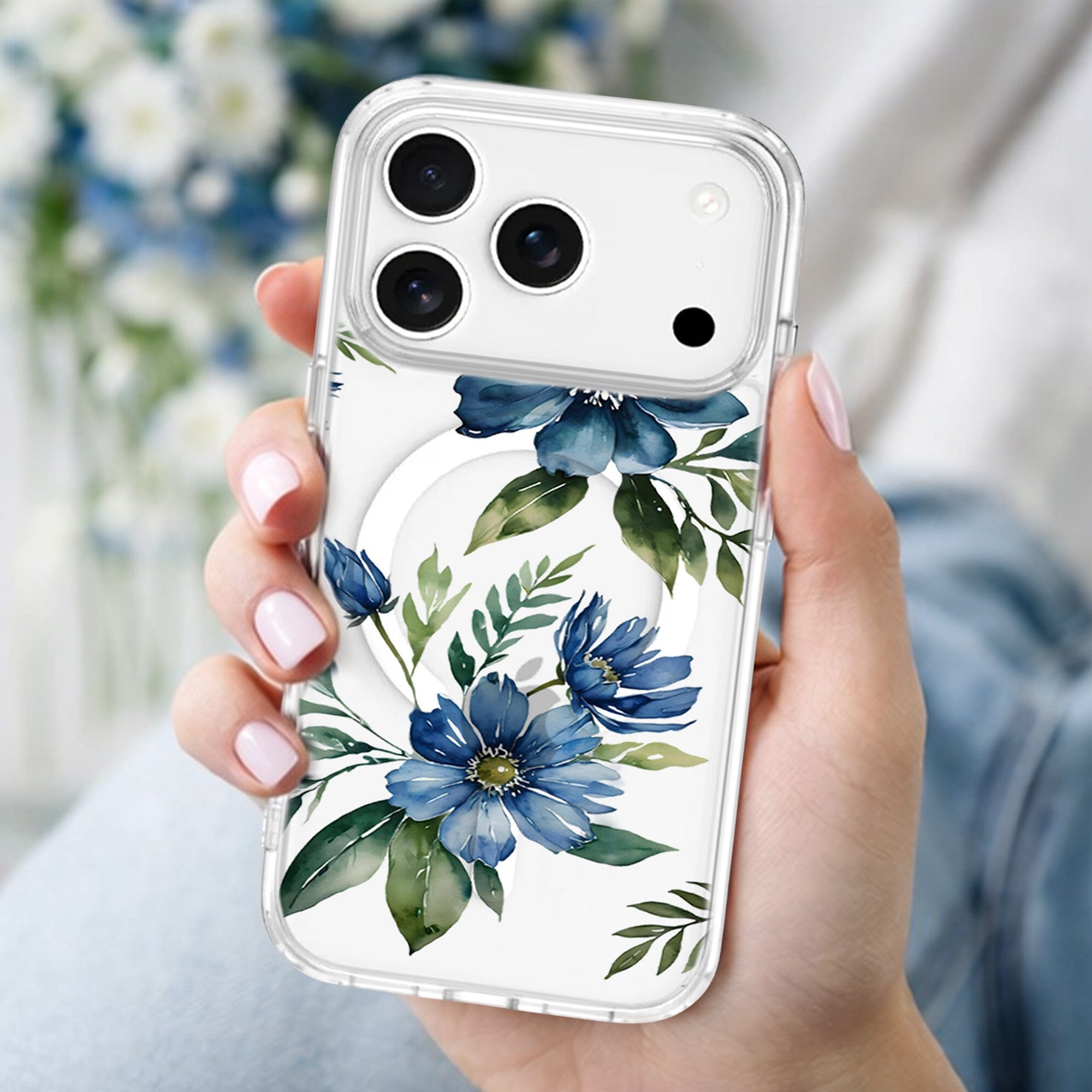 iPhone 17 Pro Max Blue Floral Clear Case with MagSafe | 10‑ft Drop