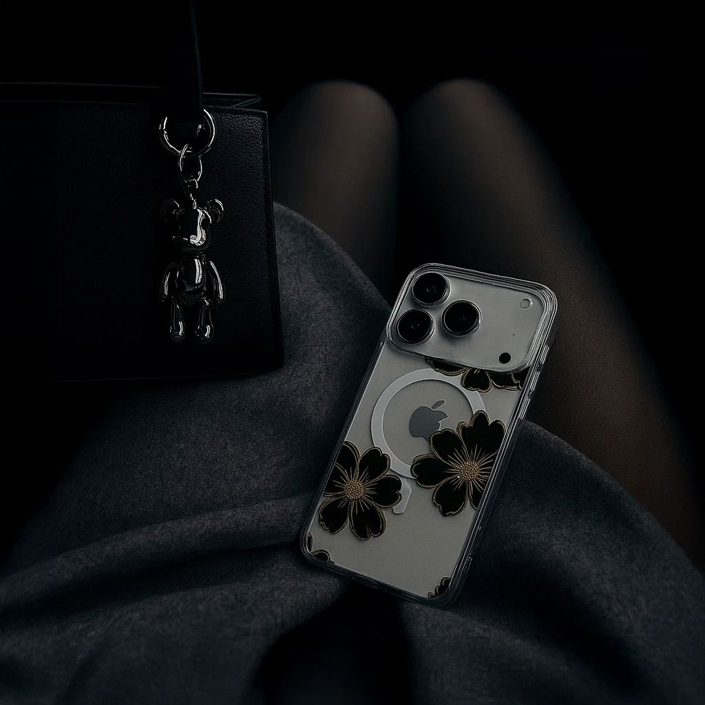 MagSafe iPhone 17 Pro Max Black Flower Clear Case