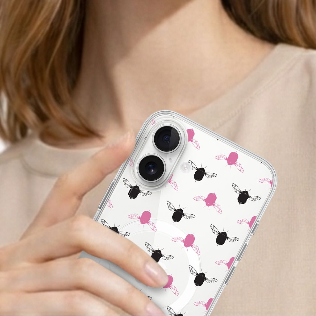 iPhone 16 Clear Case - Black and Pink Bumble Design