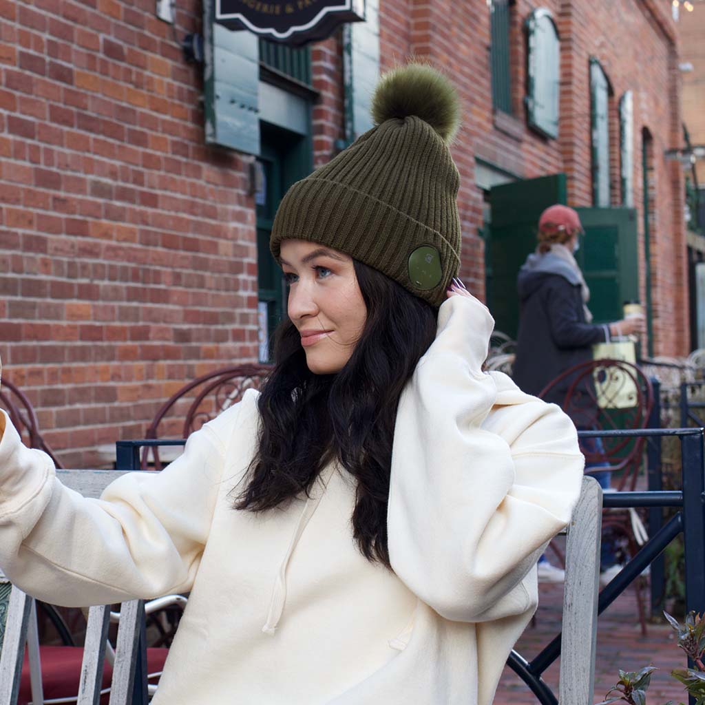 Women's Bluetooth Beanie With Olive Green Faux Fur Pom Pom - Olive Green