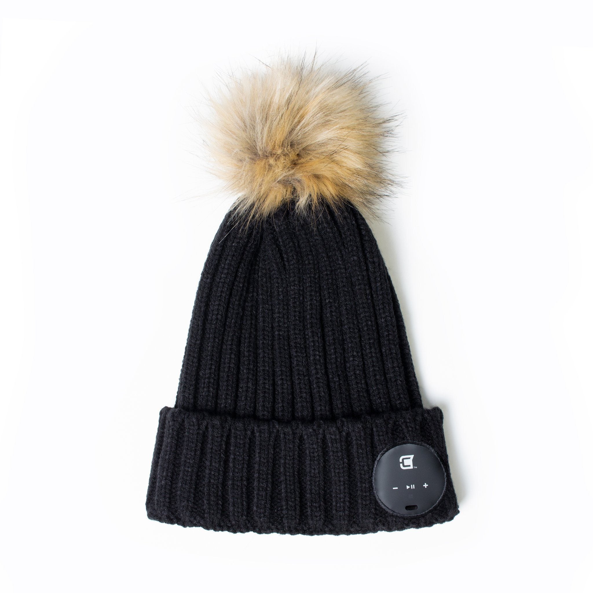 Bluetooth Beanie Dual Layered Black with Brown Faux Fur Pom Blu-Toque Caseco Inc