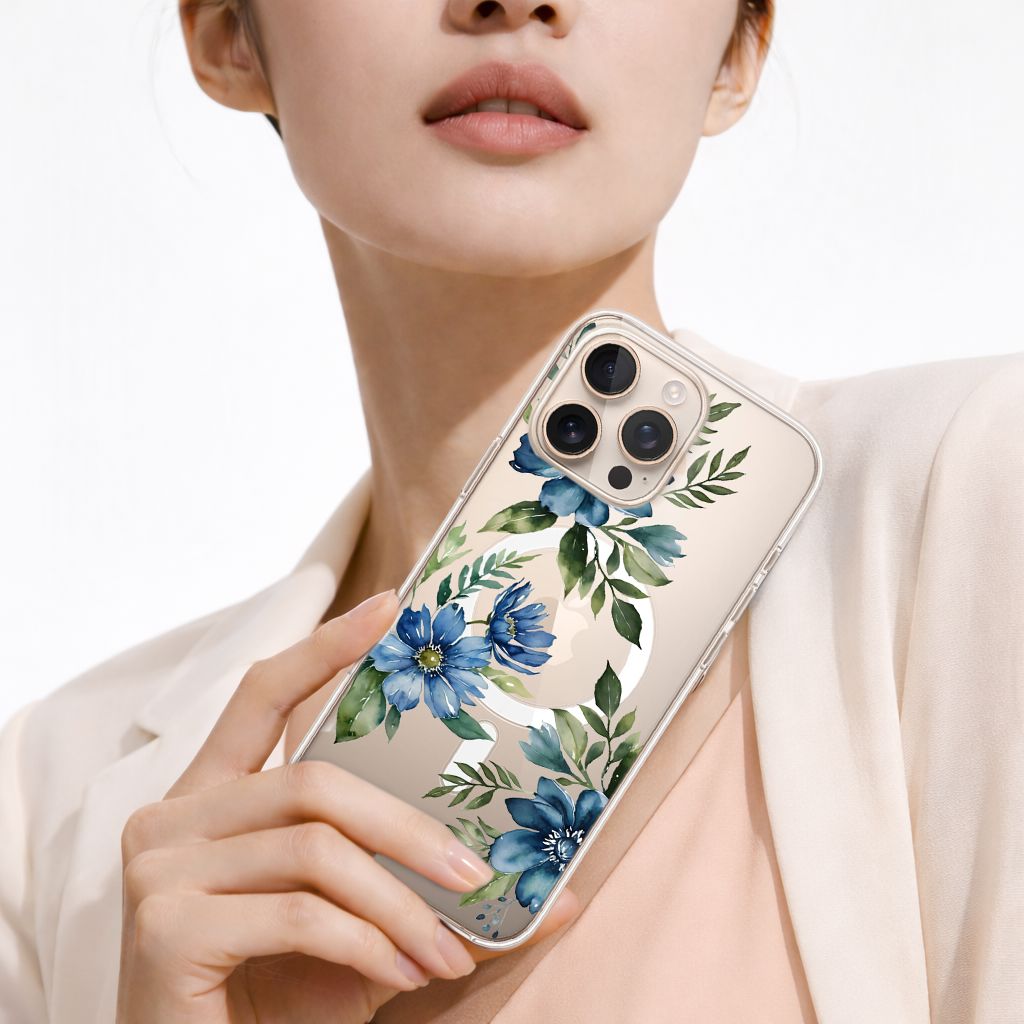 MagSafe iPhone 16 Pro Max Blue Floral Clear Case