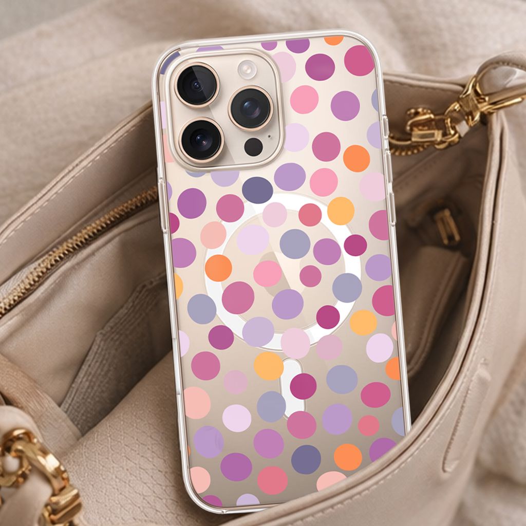 MagSafe iPhone 16 Pro Max Purple Polka Dots Clear Case