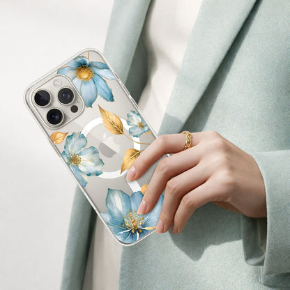 MagSafe iPhone 16 Pro Blue Wildflower Clear Case