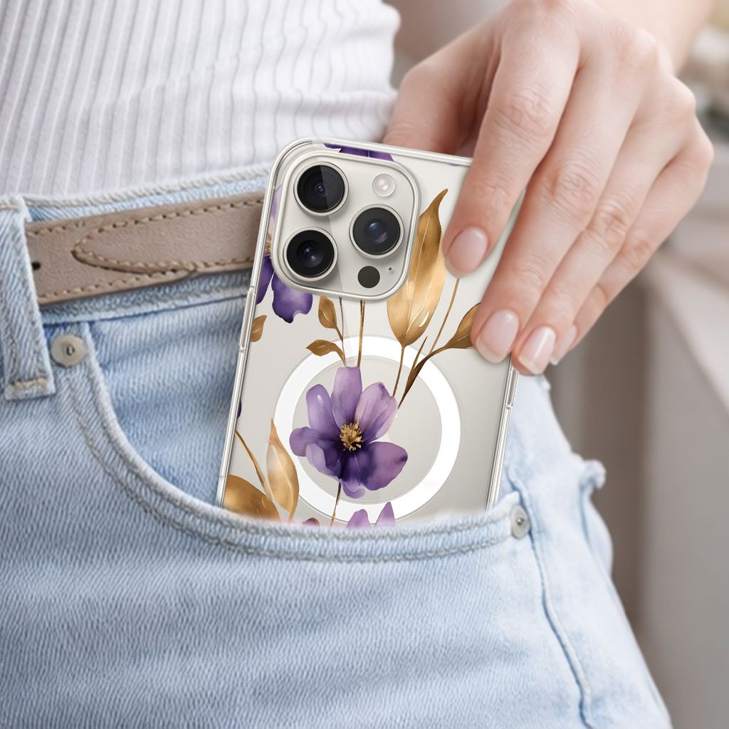 MagSafe iPhone 16 Pro Max Purple Wildflower Clear Case
