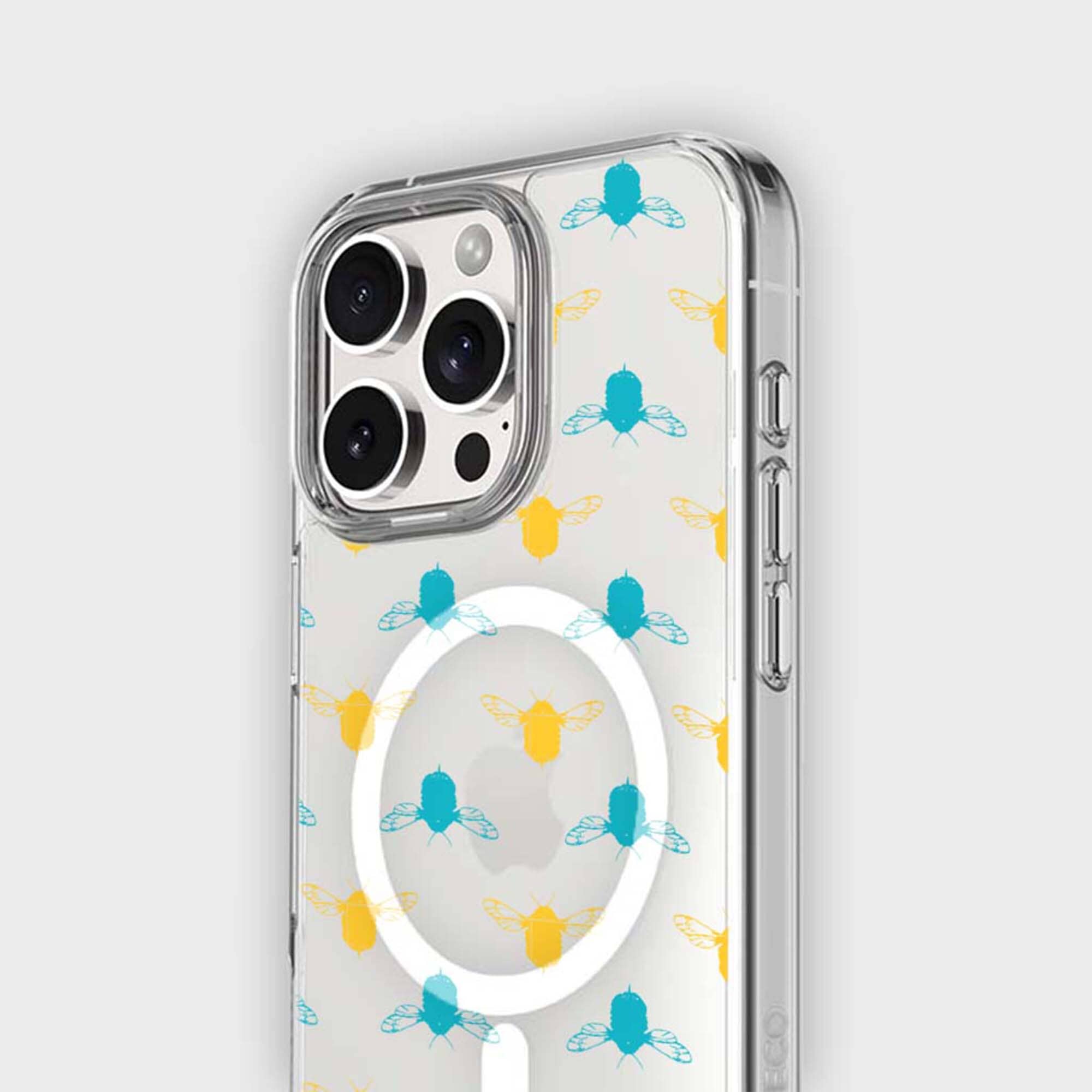 iPhone 15 Pro Clear Case - Blue and Yellow Bumble Design