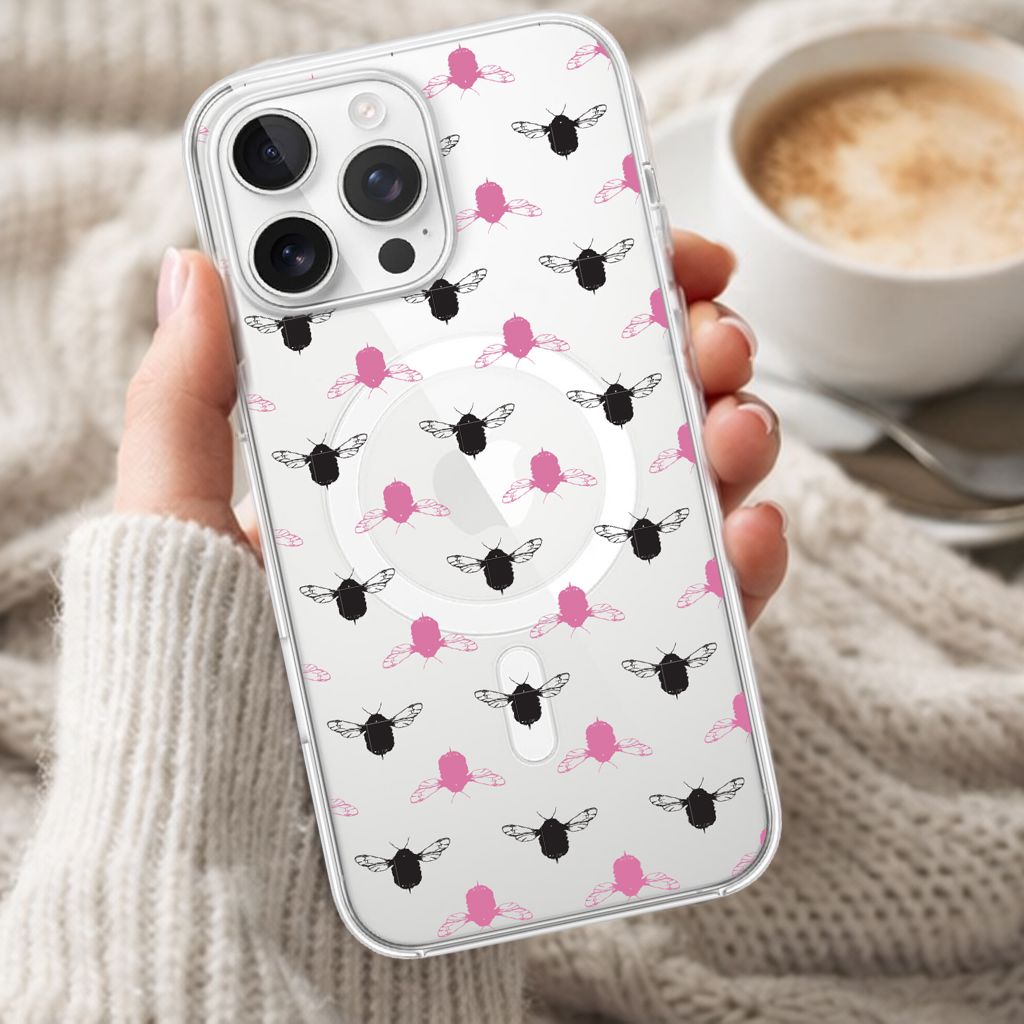 iPhone 16 Pro Max Clear Case - Black and Pink Bumble Design
