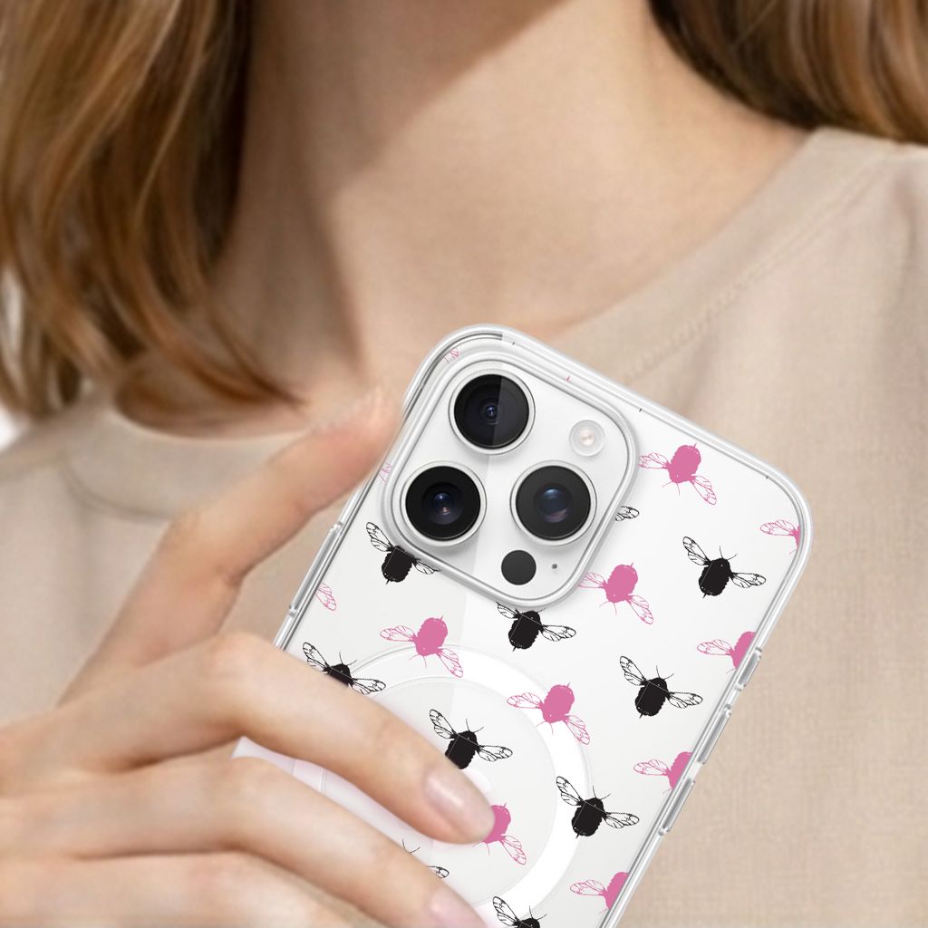 iPhone 16 Pro Clear Case - Black and Pink Bumble Design