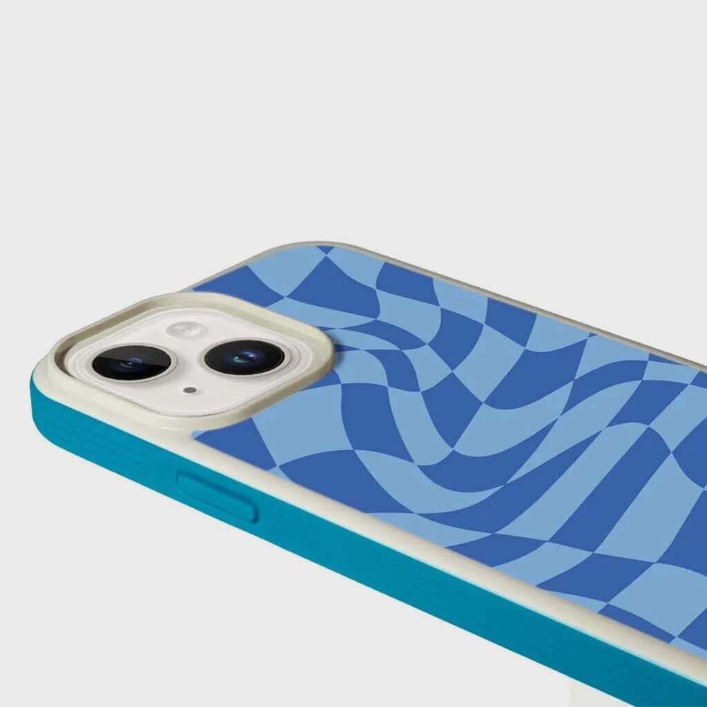 MagSafe iPhone 14 Plus Blue Swirl Checkerboard Print Case