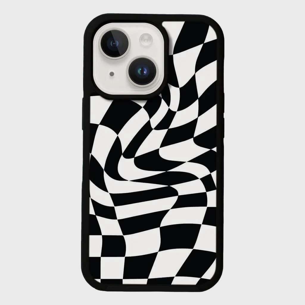 MagSafe iPhone 14 Black Swirl Checkerboard Print Case