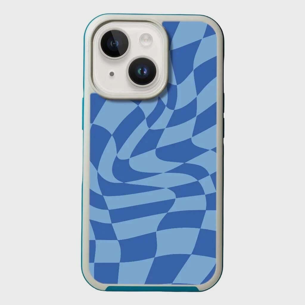 MagSafe iPhone 14 Blue Swirl Checkerboard Print Case