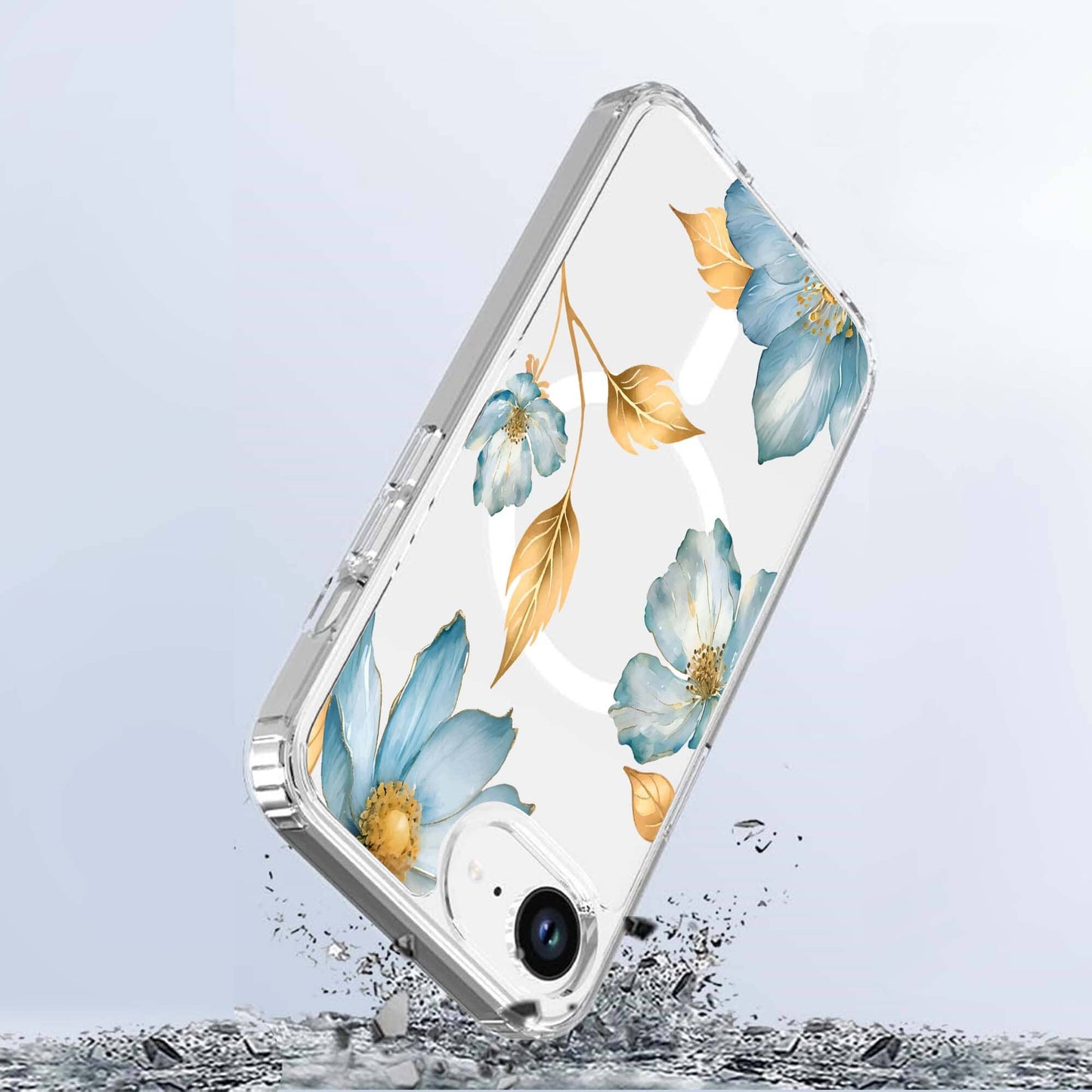 iPhone 16e Blue Wildflower Clear Case With MagSafe