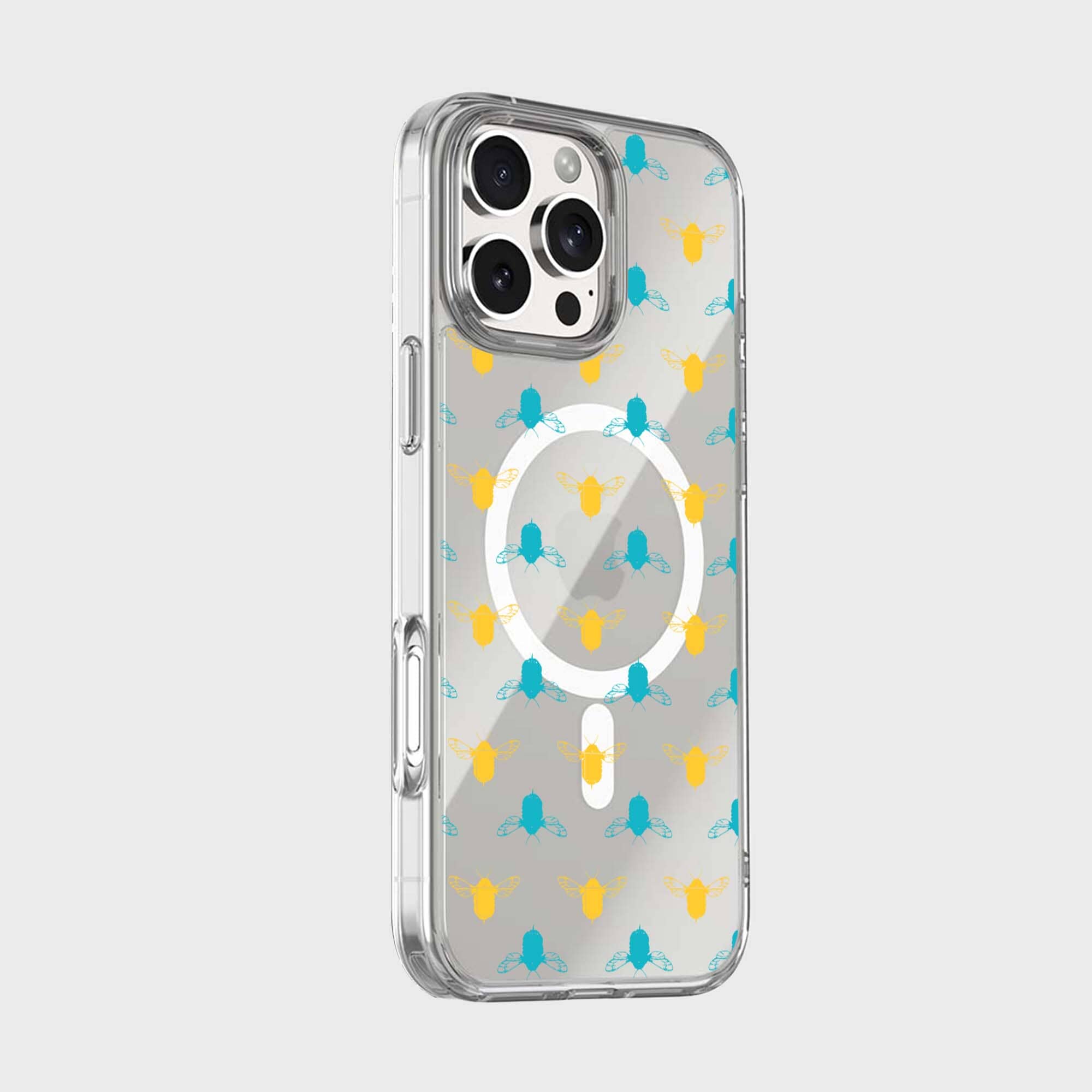 iPhone 16 Pro Max Clear Case - Blue and Yellow Bumble Design