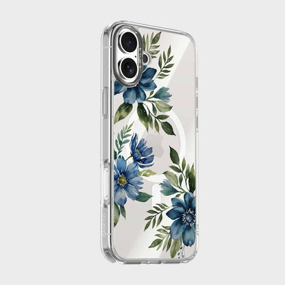 MagSafe iPhone 16 Blue Floral Clear Case