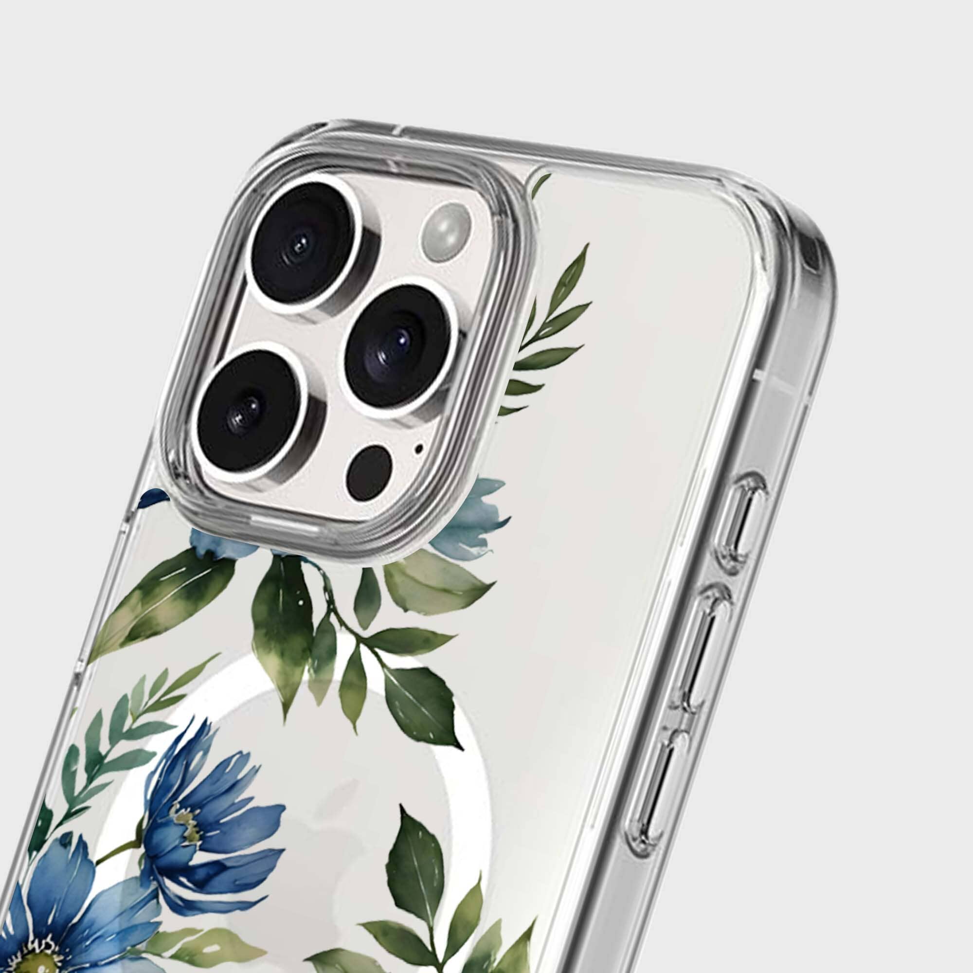 MagSafe iPhone 16 Pro Blue Floral Clear Case