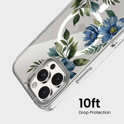 MagSafe iPhone 16 Pro Blue Floral Clear Case