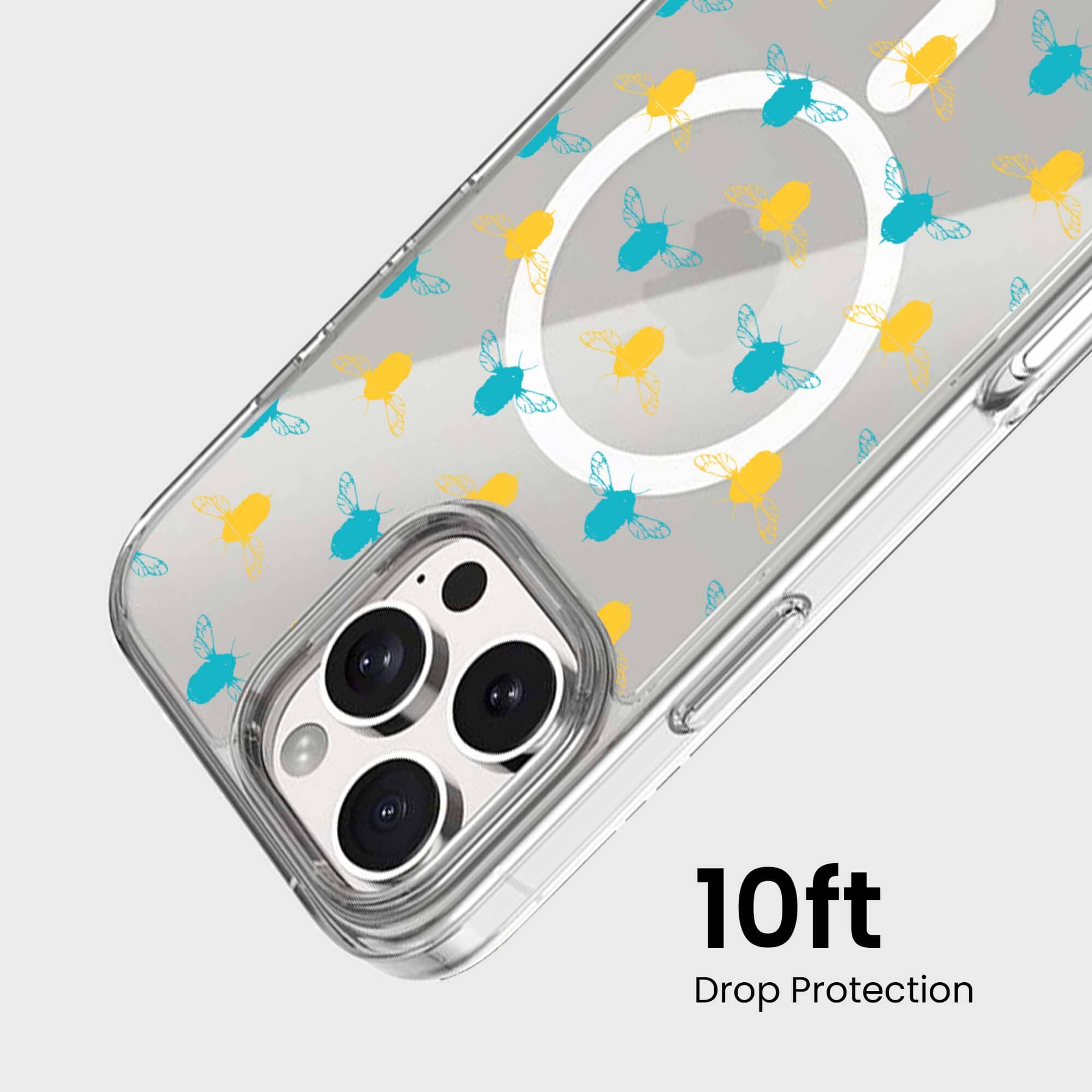 iPhone 16 Pro Max Clear Case - Blue and Yellow Bumble Design