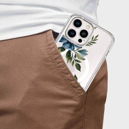 MagSafe iPhone 16 Pro Max Blue Floral Clear Case