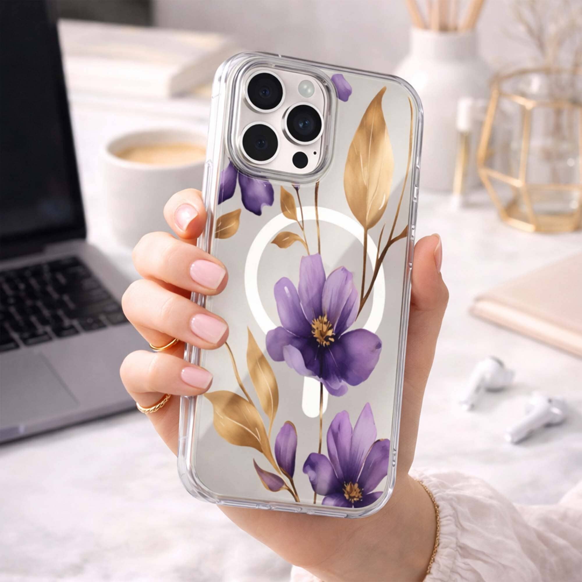 MagSafe iPhone 16 Pro Max Purple Wildflower Clear Case