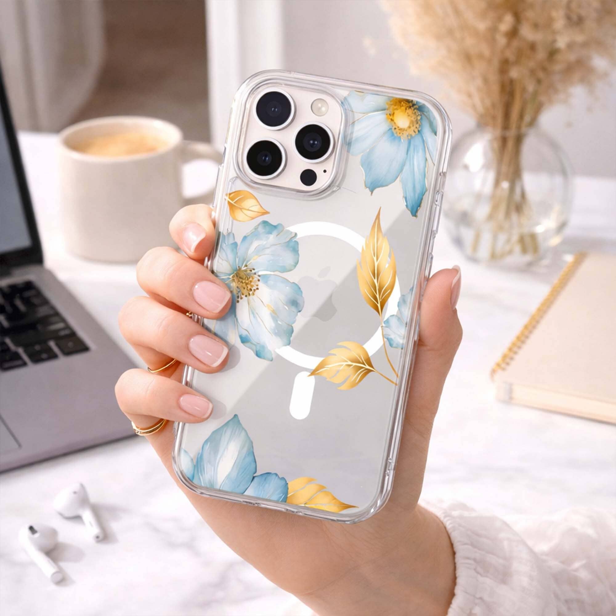 MagSafe iPhone 16 Pro Max Blue Wildflower Clear Case