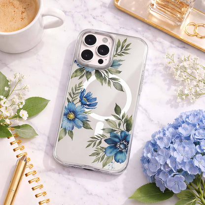 MagSafe iPhone 16 Pro Blue Floral Clear Case