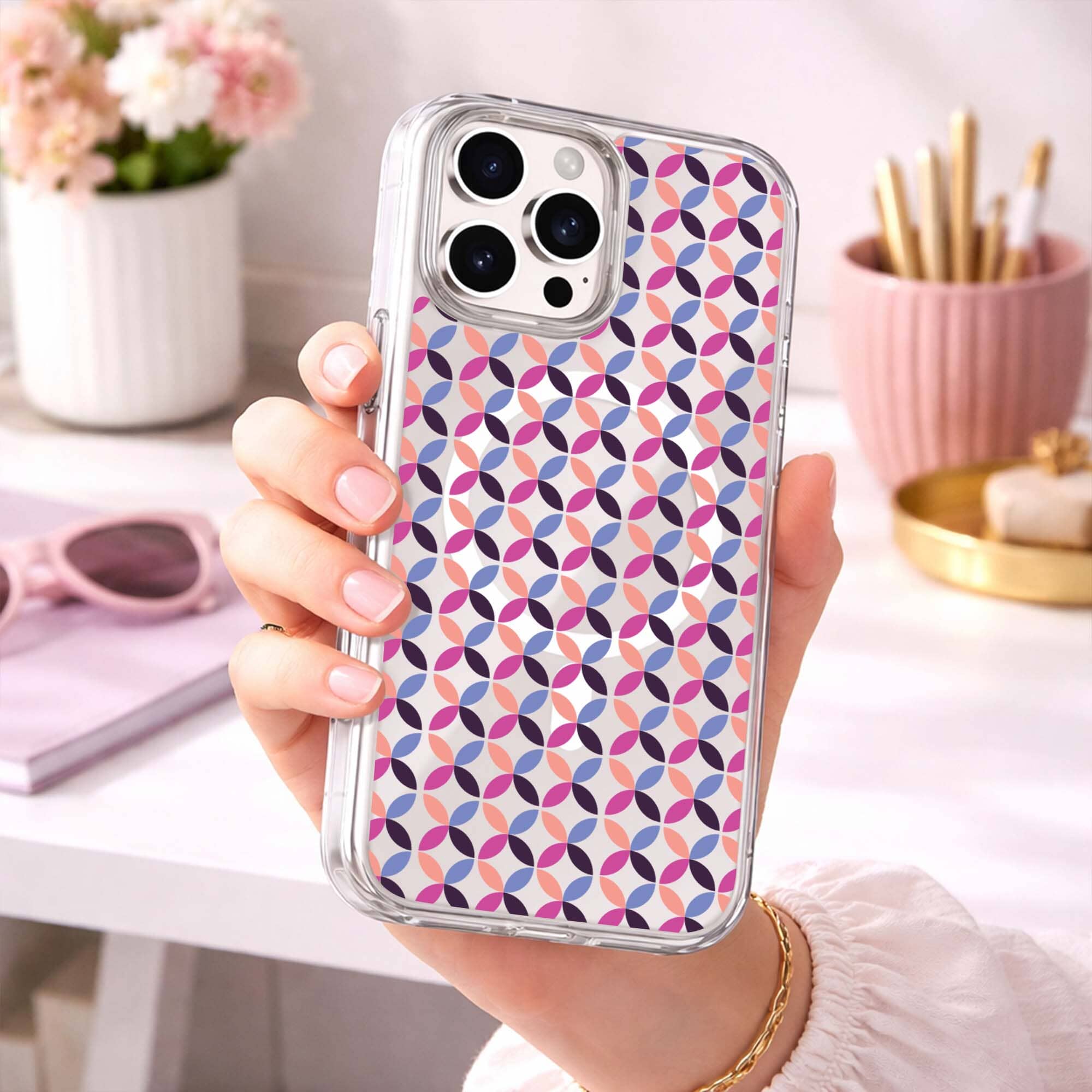 iPhone 16 Pro Max Clear Case - Pink Celestial Petal Design