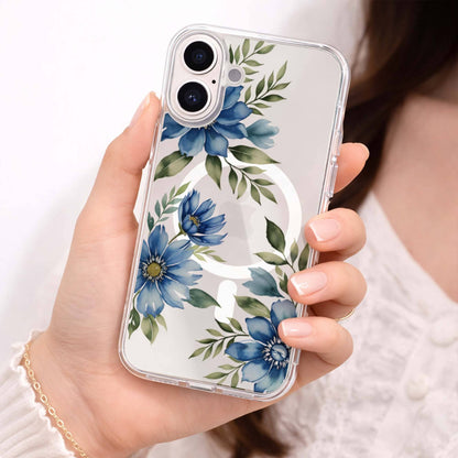 MagSafe iPhone 16 Blue Floral Clear Case