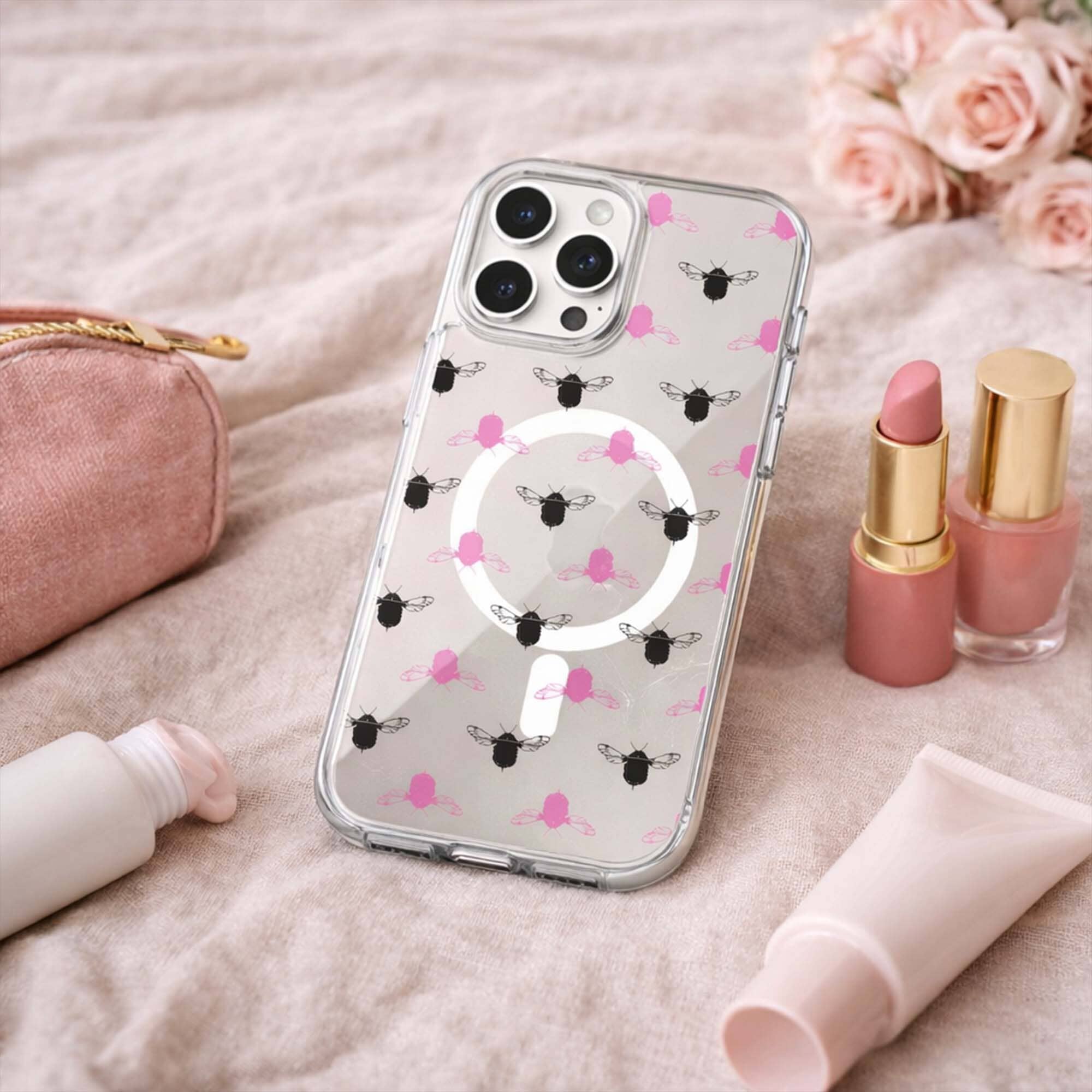 iPhone 16 Pro Clear Case - Black and Pink Bumble Design