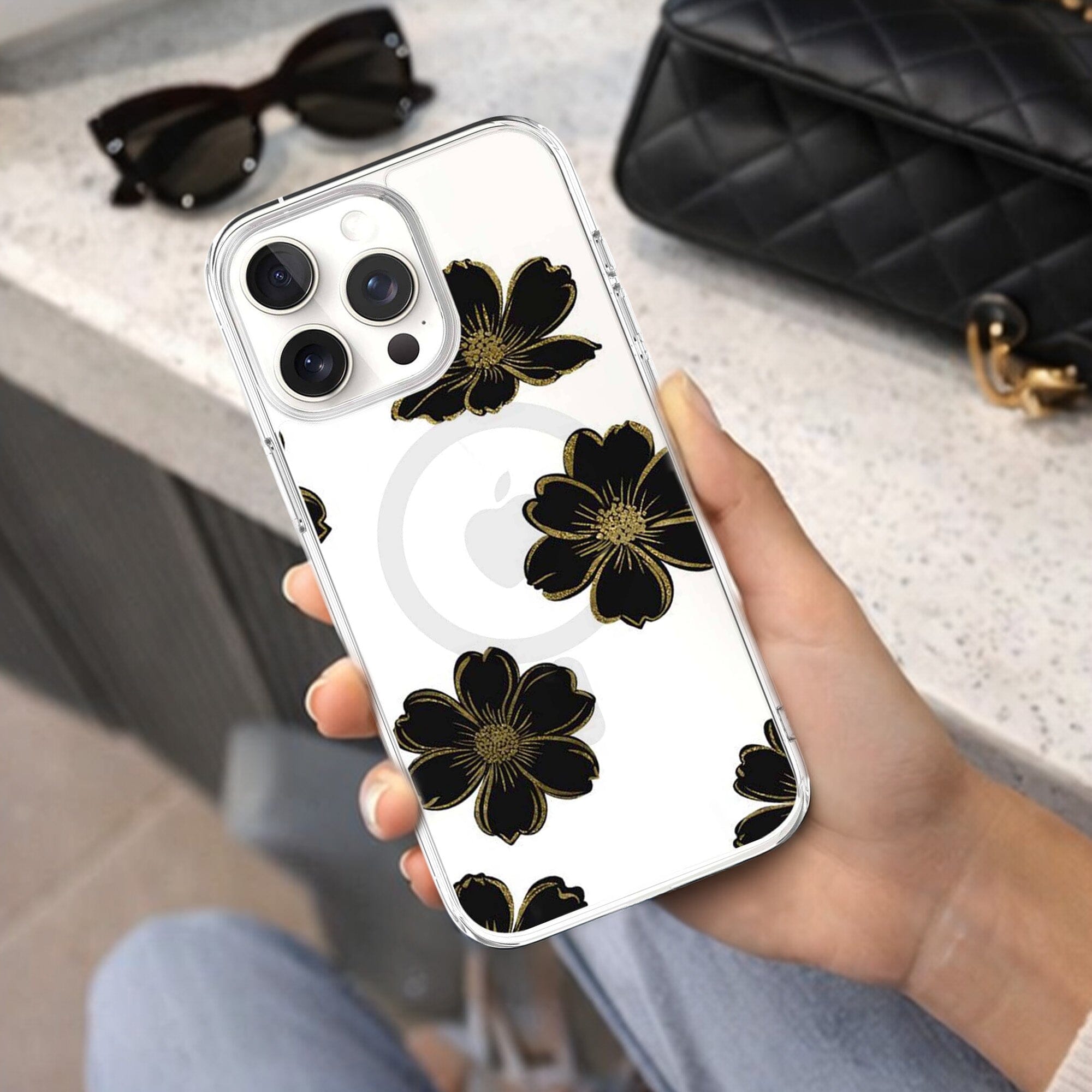 MagSafe iPhone 16 Pro Black Flower Clear Case